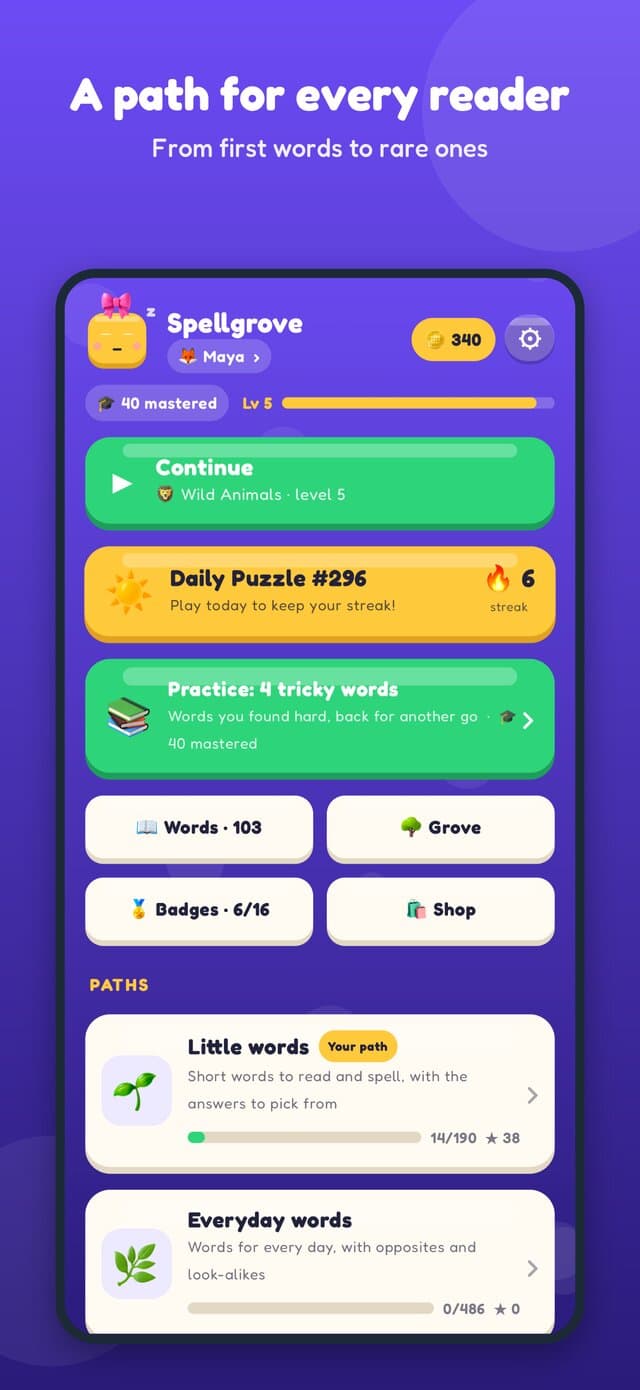 Home screen with Continue, the daily puzzle, Practice, the word book, grove and the word paths