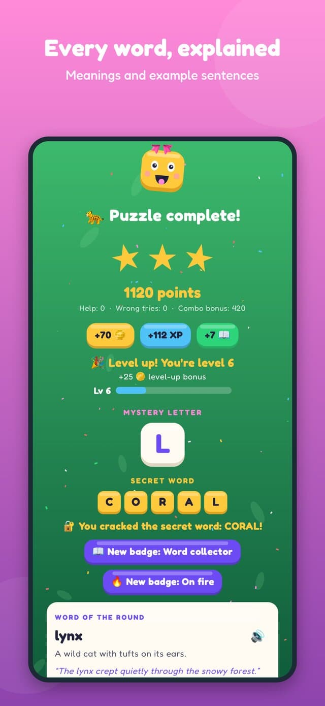 Puzzle complete: three stars, points, the mystery letter, the secret word and the word of the round