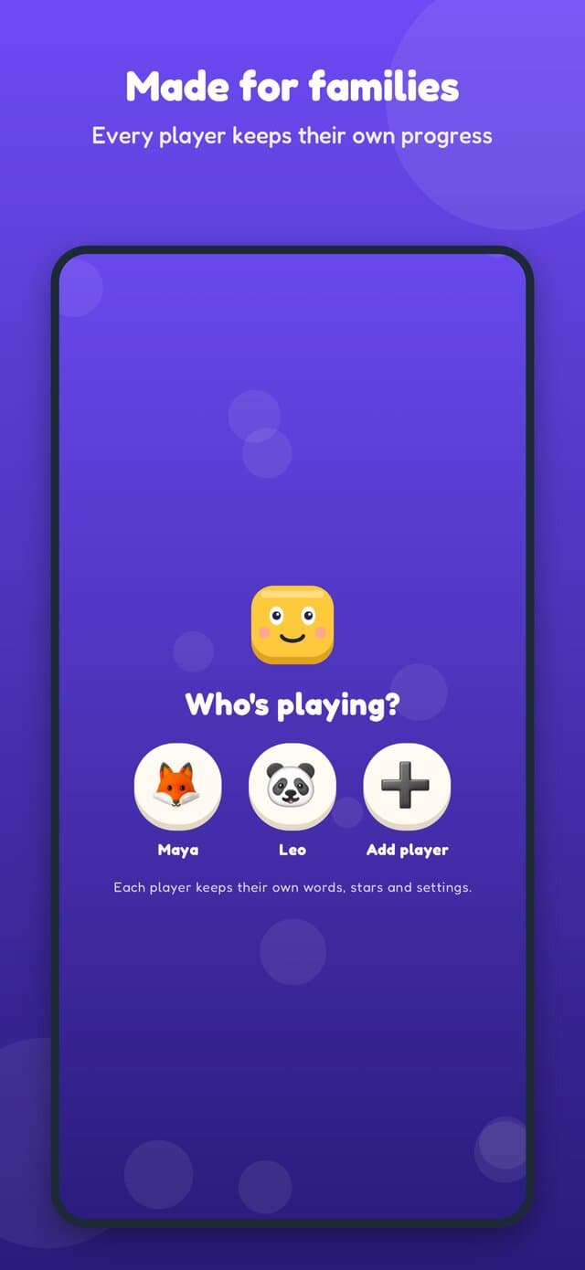 Who's playing? with an animal avatar for each player on the device