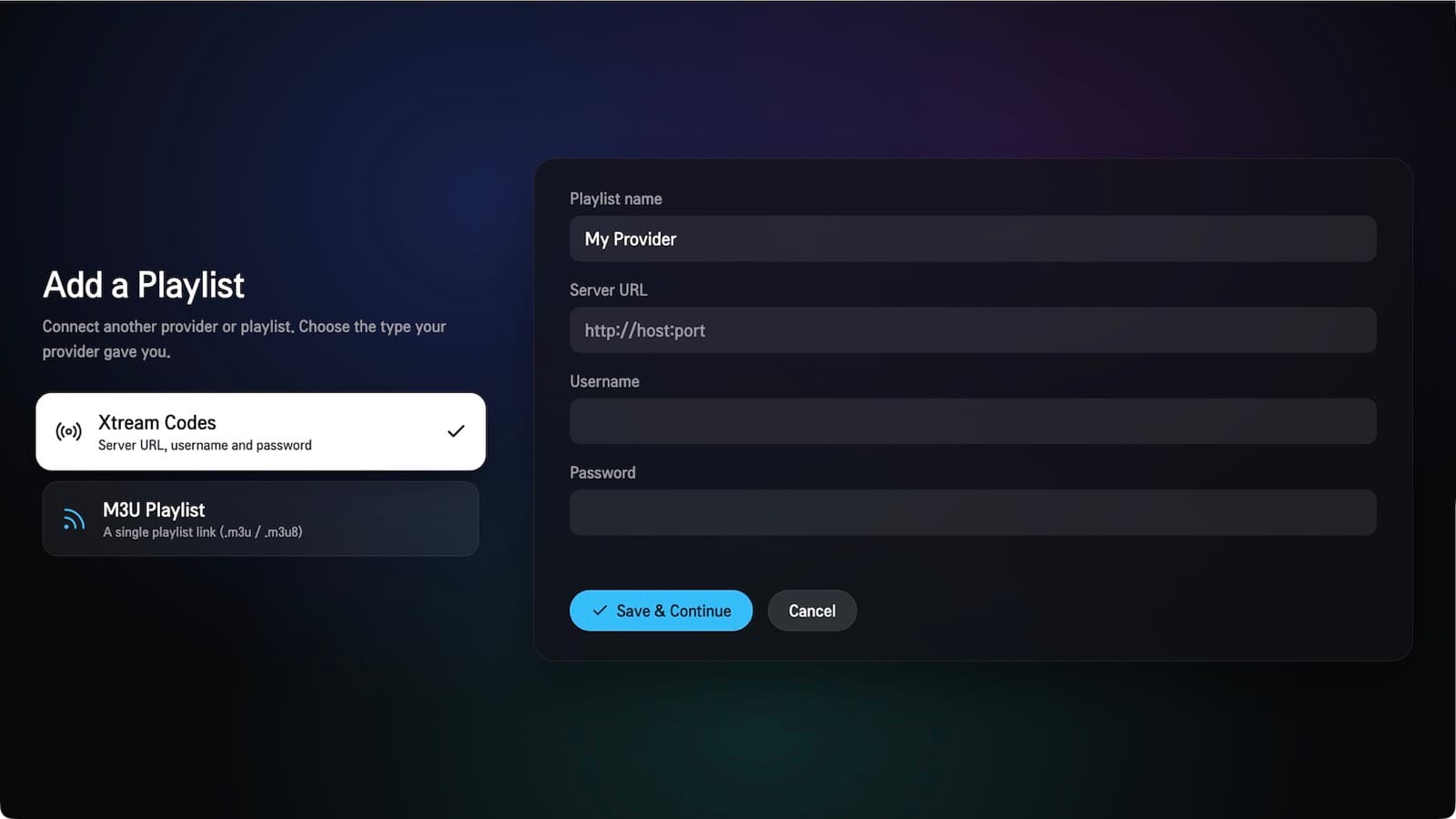 Add a Playlist screen with Xtream Codes and M3U options and a sign-in form