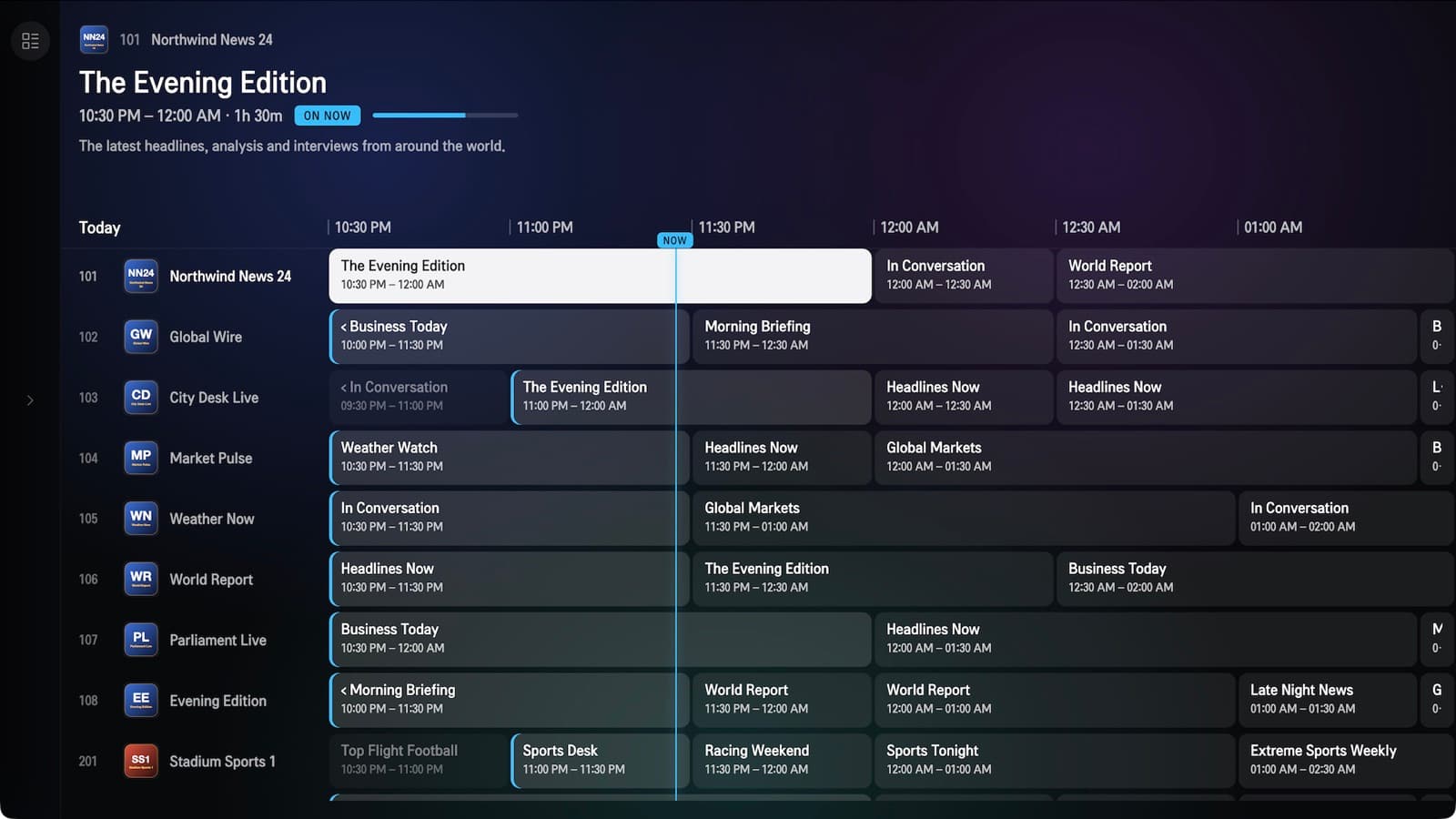 TV guide grid with channels down the side, a timeline across the top and a now marker